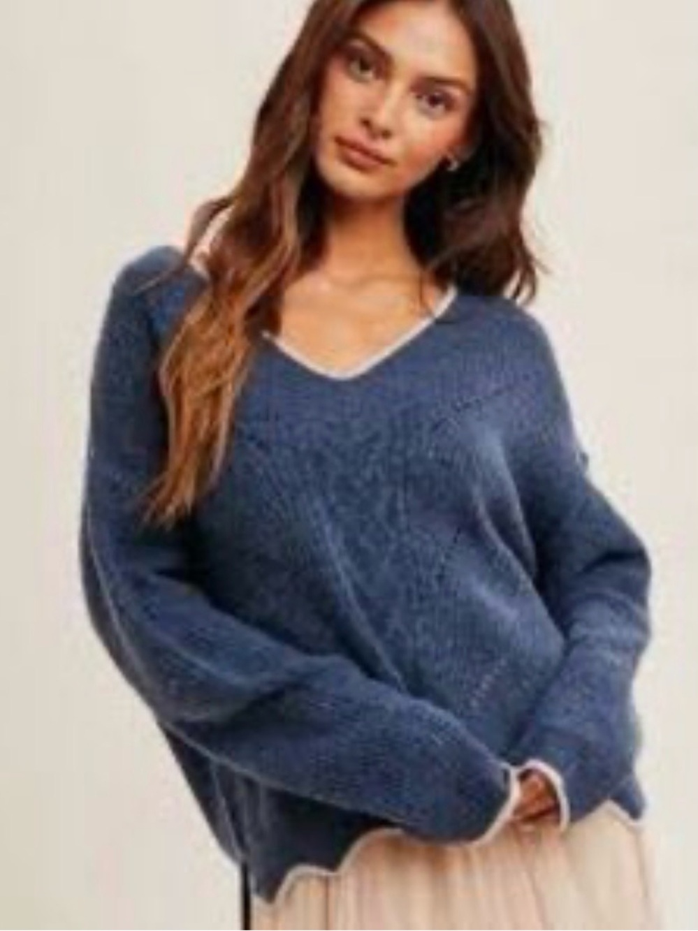 Hem & Thread V-Neck Cable Knit Sweater in Dusty Blue with Contrast Trim Medium